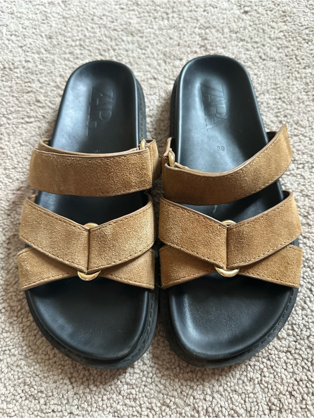 Women's Tan Suede Double-Strap Slide Sandals Zara Size 39/ 8 US - Picture 1 of 5